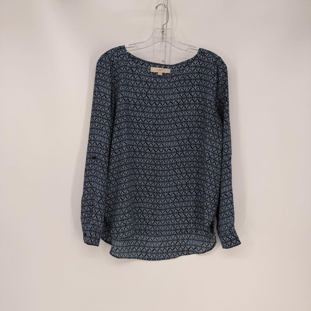 Ann Taylor LOFT Blouse Womens Small Blue Black Geometric Roll Tab Career Boho